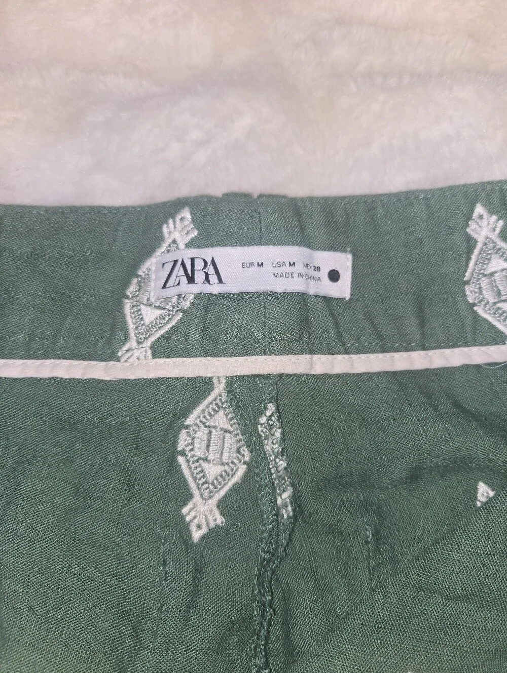Zara Linen Green Embroidered Wide-Leg Resort [Medium] Pants Beach Tropical